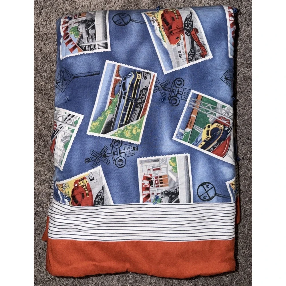Lionel Trains Baby Comforter Quilt Blue Orange Railroad Crossing Handmade
